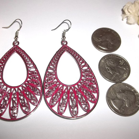 Fushia Pink Earring Silver Teardrop Statement Fashion Accessory Big Dangle A912 - Picture 2 of 4